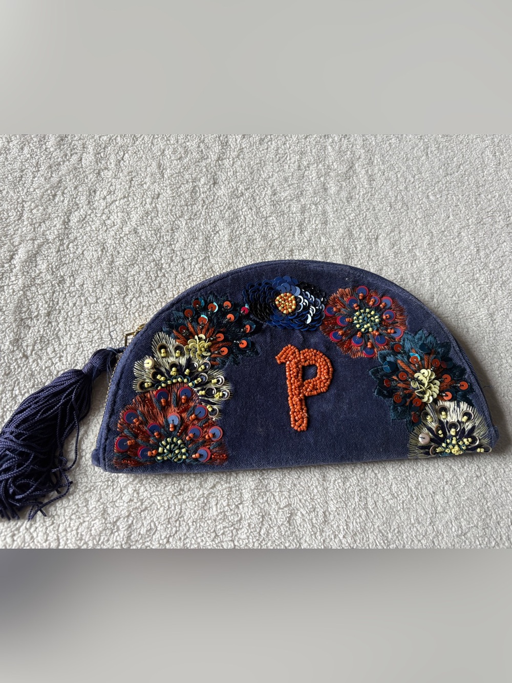 Anthropologie x Anna Harlow Beaded Embroidered Clutch Blue Orange, monogrammed P